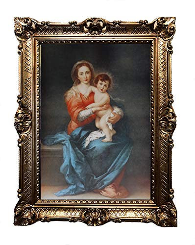 Madonna Maria mit Jesus Gemälde Antik Barock Rahmen Barockrahmen mit Bild Wandbild 70x90cm Kunstdrucke Gemälde Religiöse Bilder Kunst von Heiligen Retro Repro für Home Büro Praxis Café 58B
