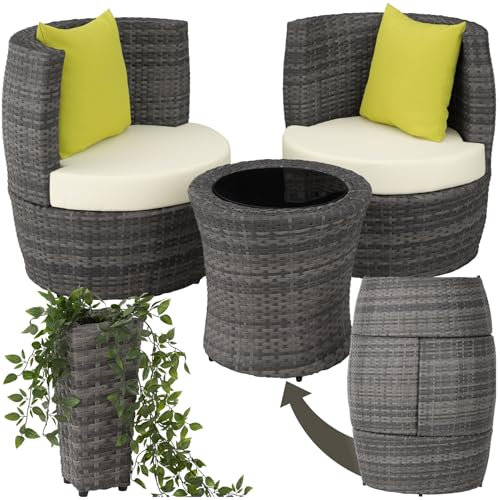 TecTake® Set di Mobili da Giardino, Poli Rattan e Alluminio, 2 Sedie, 1 Tavolo, 1 Vaso, Cuscini, Sedia da Esterno, Poltroncina, Set Balcone, Poltrona Giardino, Tavolo con Sedie Esterno - Grigio