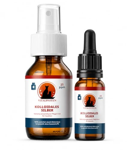 Vitalpfoten Kolloidales Silber 25ppm 50 ml Sprühflasche + 10 ml Pipettenflasche für Hunde, Katzen und andere Haustiere, höchste Reinheit und Qualität durch Elektrolyse Herstellung