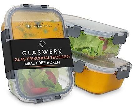 GLASWERK Frischhaltedose (3 x 1040 ml, mit zwei Fächern) Glasdose mit Deckel für Lebensmittel, luftdicht, Glas, hitzebeständiges Glas