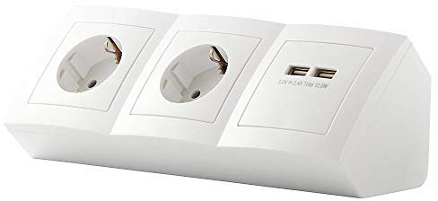 Steckdose 2-fach + 2x USB für Küche und Büro - Ecksteckdose in weiß aus hochwertigem Kunststoff ideal für Arbeitsplatte, Tischsteckdose oder Unterbausteckdose mit 2 Steckdosenelement Küchensteckdose