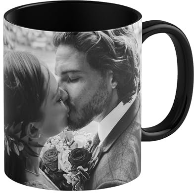 LOOXIS Tazza personalizzata con la vostra foto + testo, disegnata da voi, vari colori - Idea regalo per compleanno, donne e uomini - possibilità di stampa panoramica senza bordo, 325ml - Nero