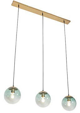 Qazqa - Art Deco Art Deco Hängelampe I Pendellampe I Pendelleuchte Messing mit grünem Glas 3-flammig-Licht - Pallon Mezzi I Wohnzimmer I Schlafzimmer - Länglich - LED geeignet E27
