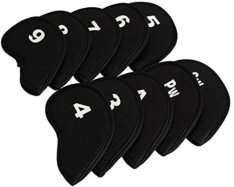 RHINORO - Set of 10 - Golf Iron Clubs Head Covers Cover Protector 3 4 5 6 7 8 9 A SW PW Soft & Lightweight (Black)