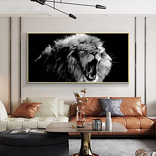 XIANGPEIFBH Moderne Tiere Malerei auf Leinwand Poster und Drucke Wandkunst Schwarz-Weiß Brüllender Löwe Bild für Wohnzimmer Dekor 30x75cm (12''x30'') Innenrahmen