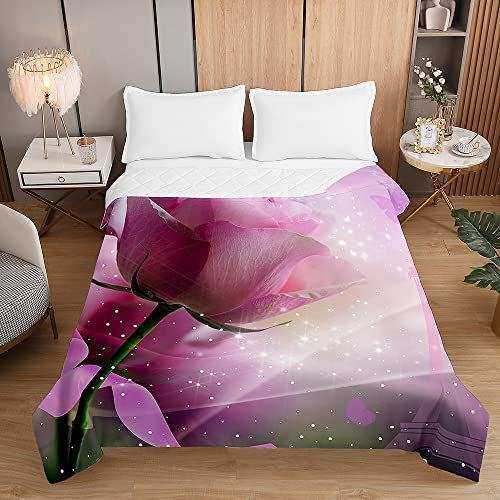 Chickwin Tagesdecke Bettüberwurf Steppdecke, Rose Blume Drucken Tagesdecken mit Präge Wohndecke aus Mikrofaser Gesteppt Bettdecke Bettbezug für Einzelbett Doppelbett (Helles Lila,220x240cm)