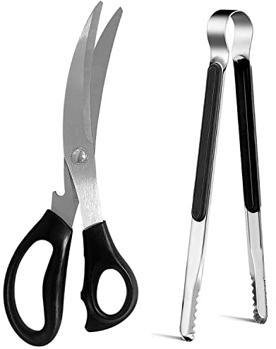 Kitchen Scissors, Korean Barbecue Scissors and Tongs Set,Kitchen Sheras for Meat Cutting, Chicken, Vegetables,Stainless Steel Non-slip Serrated Sharp BBQ Multipurpose Kitchen Sheras Tongs