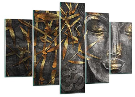 Mehrteilige Bilder auf Glas 150x100cm Glasbild Buddha Gold Bodhisattva Groß XXL Wanddeko Schlafzimmer Küche Set 5 teilige Wandbilder Dekoration Wohnzimmer Modern Wand Kunstdruck Art GEA150x100-4442