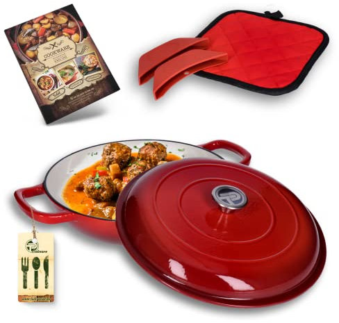 Servier- Pfanne aus emailliertem Gusseisen mit Deckel, Ø31cm 3,7Liter, Edelstahlgriff, für alle Herdarten inkl. Induktion geeignet, Backofenfest bis 260°C, Bratpfanne inkl. Topflappen & Silikongriffen