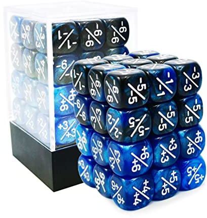 36 st 12 mm positiva och negativa tärningsräknare marmorblå+tvillingblå och svart set, liten token tärning kompatibel med MTG, CCG, kortspel