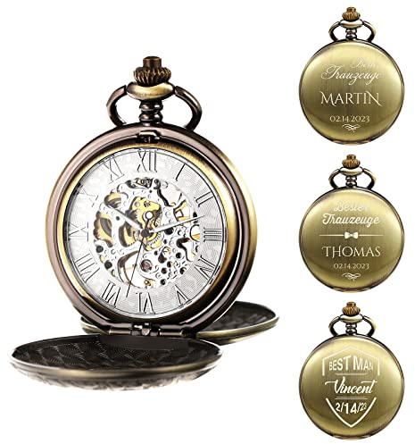 TREEWETO - Orologio da taschino da uomo, personalizzato con incisione, con catena, classico regalo di anniversario, meccanico, ideale per matrimonio, testimone, sposo, migliore uomo