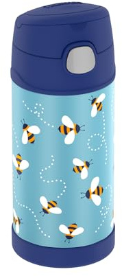 Thermos Barnfuntainer STRAW BOTTLE 0,35 l, bee, termosflaska för barn av rostfritt stål, med sugrör, 12 timmar kall, absolut tät, för skola, dagis, paus