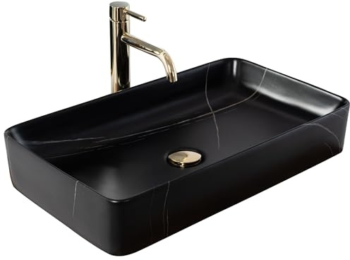 Rea Vasque à poser Denis Black Stone Mat Lavabo Salle de Bain 610 x 350 x 110 mm en Céramique (Blanc/noir)