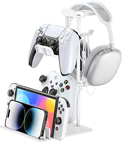 KDD Headphone Stand, Game Controller Holder & Headset Stand for Desk, Earphone Stand with Aluminum Supporting Bar, Universal Storage Organizer Headphones/Controller/Switch/iPad/Mobile phone(White)