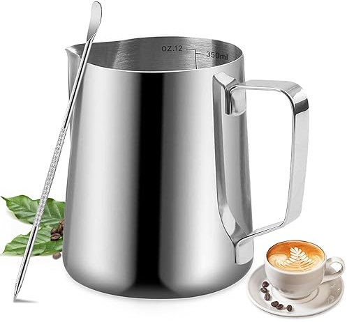 Milk Frothing Pitcher - 12oz/350ml Milk Frother Cup Stainless Steel Jug Steaming Pitcher, Milk Coffee Cappuccino Latte Art Barista Steam Pitchers Milk Jug Cup with Decorating Pen