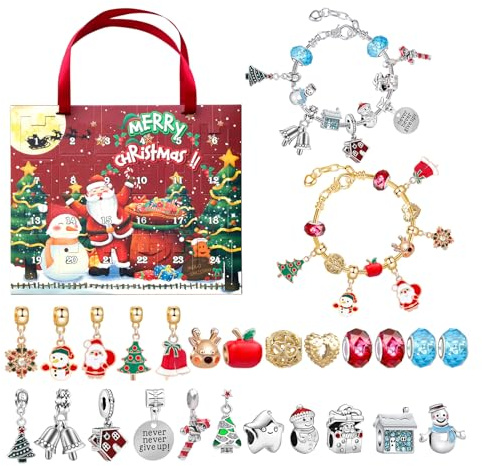 Lyneun Adventskalender Schmuck, Weihnachten Adventskalender Kinder, Adventskalender Mädchen, weihnachtskalender kinder, 24 teiliges weihnachtliches DIY-Armband-Set für Weihnachten(rot)