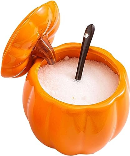 Zuccheriera, zuccheriera con coperchio, zuccheriera in ceramica con zucca arancione con coperchio, zuccheriera solida con cucchiaio, barattolo for spezie in porcellana, decorazione da cucina - zucca a