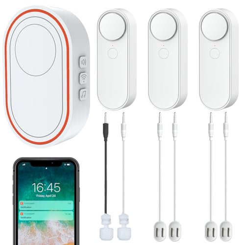 Wi-Fi-Wassermelder-Kit, 1 Smart Hub, 3 Drahtlose Sensoren, 4 Leckage-Sonden, 2 Schwimmer-Sonden für den Wasserstand, Hoch/Niedrig/Leck Können Gleichzeitig Erkannt Werden, APP-Überwachung,5M-Leitung