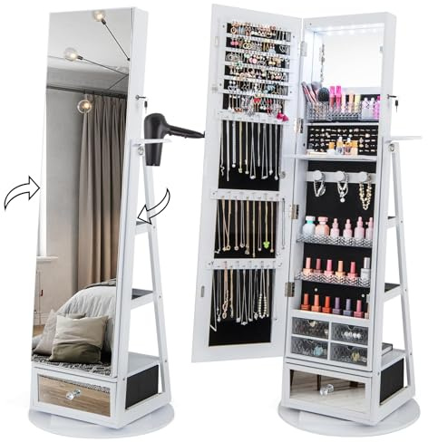 COSTWAY Smyckesskåp, roterbart 360°, låsbart spegelskåp, smyckeshylla med helkroppsspegel, LED-lampor och hårtorkshållare, smyckesorganisatör med lådor (vit)