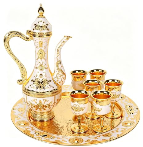 Théière Turque Vintage Avec 6 Tasses à Café, Ensemble De Cafetière Turque En Métal, Théière, Kit De Théière à Vin De Style Russe, Plateau à Thé, Théière Et Tasses à Thé Pour Cadeau(Blanc doré)