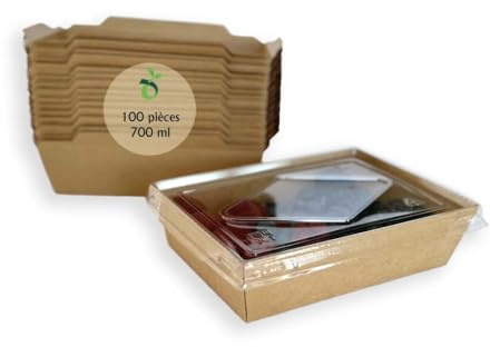 ECOPICNIC Lot de 100 Lunchbox en Kraft 700 ML avec Couvercle | Boîtes Alimentaires jetables en Carton Kraft pour Repas à emporter, barquettes écologiques avec Couvercle pour salades, gâteaux