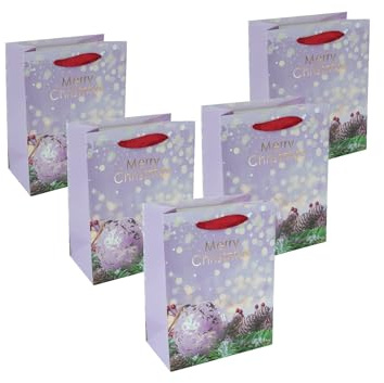 SIGEL GT126 Lot de 5 sacs cadeaux petits - Bleu/vert - Boule de Noël - Avec fond et poignées en ruban de soie assorties - En plastique et carton blanc - 18 x 23 x 10 cm