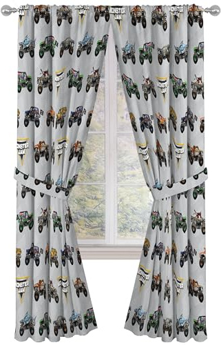 Jay Franco Black Out Window Curtains for Kids Bedroom 4-Piece Drape Set with 2 Tiebacks, Grey - Monster Jam, 42 W x 84 L (Pack of 2)