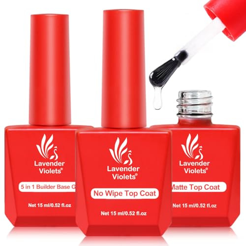 Lavender Violets 3pcs 15ml Top Coat Base Coat Set for Gel Nail Polish, 5 in 1 Builder Base Gel No Wipe Matte & Shiny Top Coat, Long Lasting High Gloss and Matte Effects for DIY at Home A024