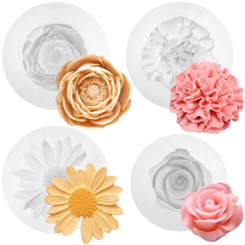 TZEKING Lot de 4 moules à bougie en silicone rose pivoine - Moule 3D pour bricolage fait à la main