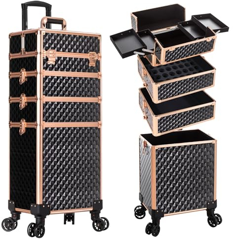 Arous Chariot à roulettes pour maquillage - Mallette de rangement cosmétique 4 en 1 - Grand chariot de maquillage de voyage avec capacité de rangement - Chariot de voyage pour salon de coiffure (Noir