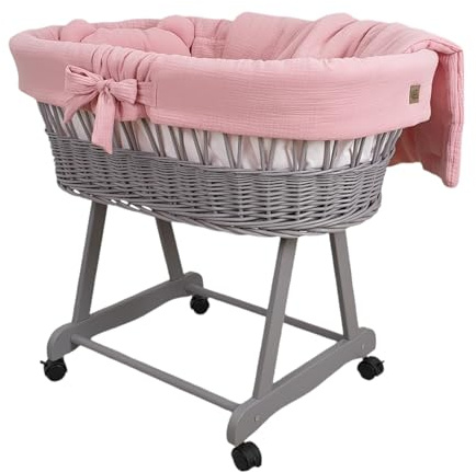 Wiklinopol Stubenwagen aus Weide mit Gestell & Matratze Amelia – Moseskorb in Grau – Set Musselin-Bettwäsche in Rosa – Weidenkorb, Tragbar, Ideal für Neugeborene