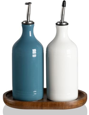 Sweejar Home Bottiglie dispenser per olio d'oliva in ceramica con vassoio, 460 ml, set dispenser olio per bancone della cucina, ampolla opaca per conservare salsa di soia, aceto, liquidi, confezione