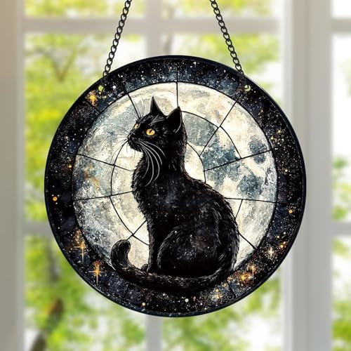 FZkuozougedd Schwarze Katze Sonnenfänger - 2 Stück Acryl Vollmond Sonnenfänger Regenbogenmacher Farbiges Fenster Anhang Schmuck Innen- Und Außendekoration Heimgarten Deko Ketten Anhänger Geschenk