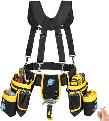 Tool Belt with Suspenders,27-Pockets Heavy Duty Tool Belts for Men,Detachable & Adjustable Work Belt Bag for Electrician,Carpenter,Construction,Utility Toolbelt,Valentines Day Gifts for Men,Yellow
