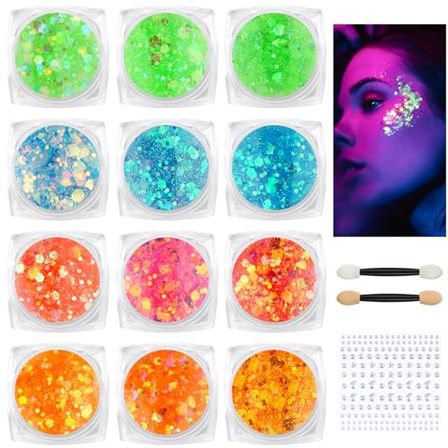 BUTBU 12 lysande glittergel, ansiktsgel, kroppspaljett, med sminkborstar och diamantklistermärken, för ansikte, hår, halloween, fest, jul