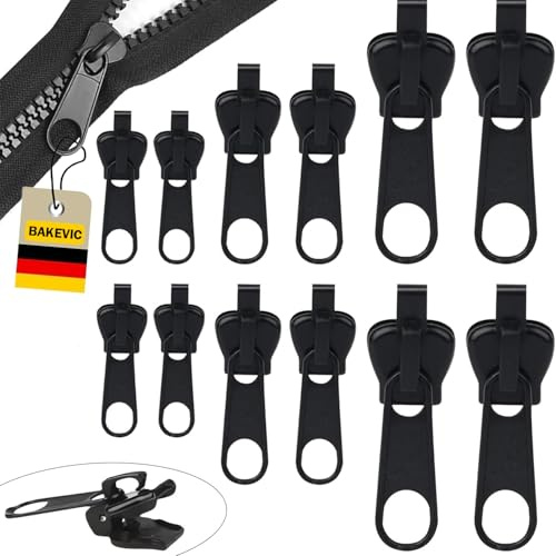 BAKEVIC Reißverschluss Zipper,12 Stück Reisverschluss Reparatur Set,Abnehmbare Zipper Pull Fixer Reparatur Set für Universal,Kleidung,Bettzug, Gepäck.