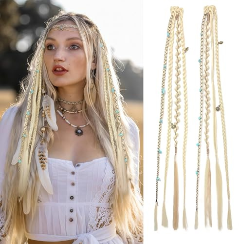 Dsoar Clip in Zöpfe 2 Stück Bohemian Zopf Extensions mit Clips 16 Zoll Synthetische Geflochtene Haarteile mit Perlen für den Alltag