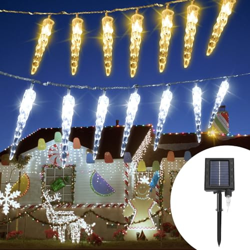 ISOISL Cadena de luces solares de carámbanos, 10 m con 80 luces de hielo blanco frío, mando a distancia, 8 modos y temporizador, resistente al agua, para decoración exterior invernal en Navidad