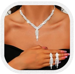 Ushiny bröllopssmycken set silverhalsband och örhängen strasssmycken för kvinnor