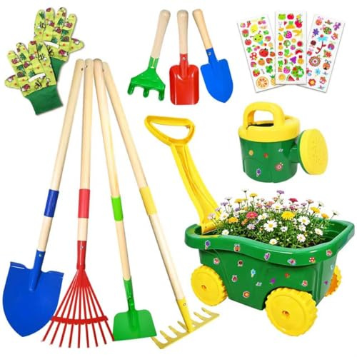 Brouette pour Enfants, 13pcs Brouette Jardin, Kit de Jeu avec Outils de Jardinage pour Enfants, Outillage de Jardin pour Enfants avec Brouette, Bêche, Autocollants, Rateau, pour Plage(B)