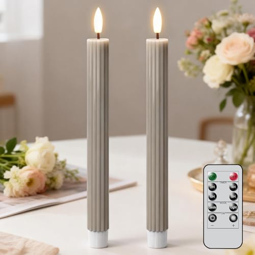 Eldnacele LED Stabkerzen mit Timerfunktion und Fernbedienung, Grau, 2er Set | LED Stabkerzen Echtwachs, LED Kerzen flackernde Flamme, elektrische Stabkerzen, Ø 2 x 25 cm, Hochzeit, Party, Wohnzimmer
