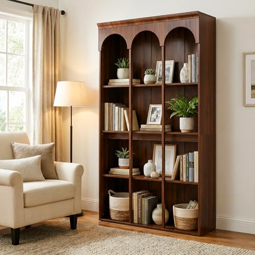 Tribesigns 70.9 Tall Arched Bookcase, 5-Tier Freestanding Wooden Bookshelf, Mid-Century Modern Farmhouse Open Library Book Shelving Unit for Living Room, Home Office, Walnut Brown