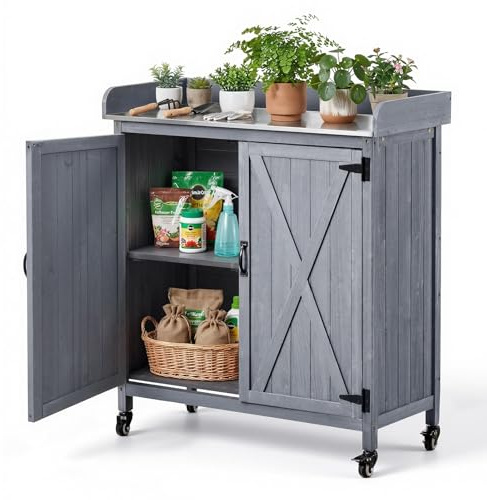 VEVOR Armadietto Banco per Giardinaggio, Mobiletto da Giardino in Legno per Esterni con Piano in Ferro Zincato da 91,5 x 40,5 cm, con Ampio Spazio di Archiviazione, 4 Ruote per Patio, Cortile, Grigio