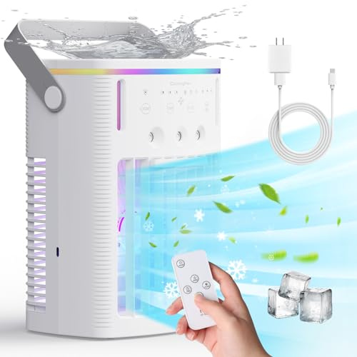 Aire acondicionado portátil, ventilador de CA pequeño de 3 velocidades, enfriador de aire portátil con control remoto, función de temporizador, luz nocturna de 7 colores, modos de niebla de 3 niveles