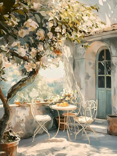 STYLER Leinwandbild Morning 60 x 80 cm I Mediterrane Terrasse im Morgenlicht mit Blüten I Wandbild Wohnzimmer Schlafzimmer Esszimmer Büro I Wanddeko Sommer Gartenstil I Made in Europe