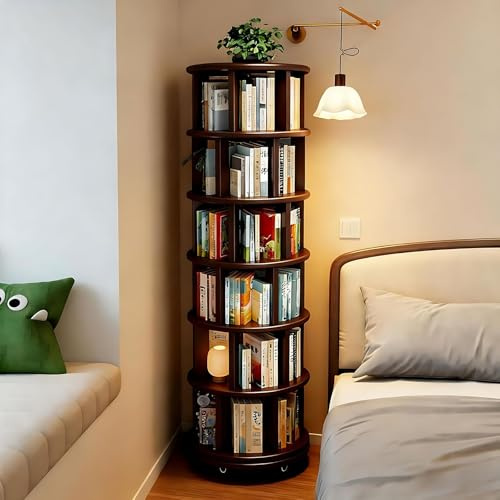 Scribora 6-stöckige Drehbare Bücherregale aus Massivholz mit Rädern - Runde Bücherregalaufnahme um 360° - Drehbare Bücherregale für kleine Räume, Wohnzimmer, Büros und Schlafzimmer (Nussholz)