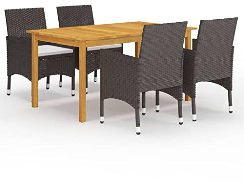HFXHIJXQ Akazienholz Gartenmöbel Set 5-TLG. mit 150 x 90 cm Holztisch & 4 PE-Rattan Stühlen inkl. cremeweißen Kissen wetterfestes Balkonmöbel für Terrasse Garten überdachte Lounge