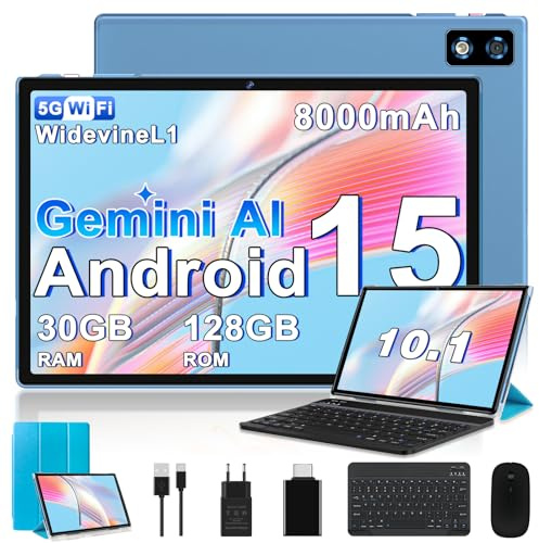 BIEGEDY 2026 último Tablet 10 Pulgadas Android 15 con Gemini AI, 30GB RAM + 128GB ROM（TF 2TB）, Octa-Core 2.0GHZ, 8000mAh, GMS, Widevine L1, GPS, OTG,5G WiFi 6 & BT 5.0,Tablet con Teclado y Raton-Azul