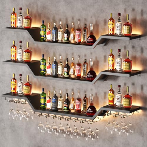 KCYXSMAX Portabottiglie da Parete Metallico con LED, 3 Livelli Mensola Per Vino Industriale Calice E Portabicchieri, per Vino, adatto per Bar, Cucine e Ristoranti (80cm)