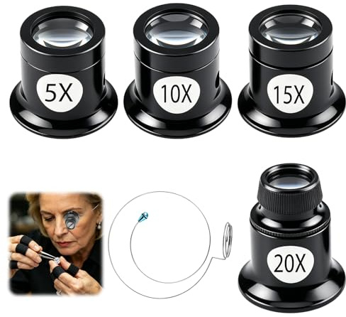 4 Pièces Loupe Bijoutier 5X 10X 15X 20X Loupe Horloger Xavec Porte-Fil | Kit Horlogerie Monoculaire Loupe de Bijoutier pour Réparation de Montre Bijoux Pièces de Monnaie et Détails Précis